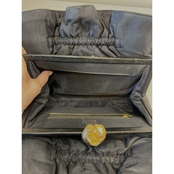 VTG 60s Ingber & Co. Black Cabretta Leather Handbag Gold Rose Clasp Retro USA - Picture 4 of 11